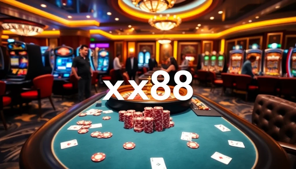Experience an exciting poker game at xx88's luxurious casino setup with vibrant chips and cards.