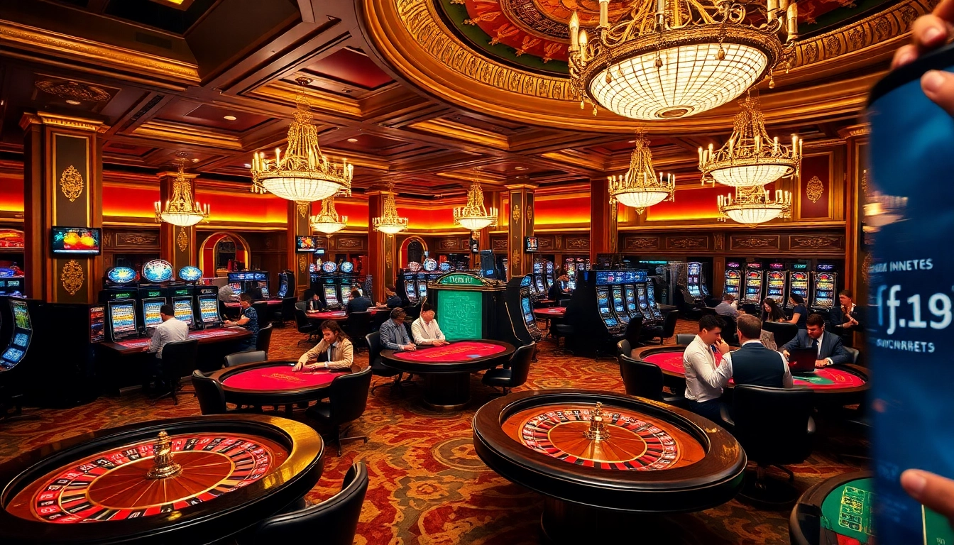 Exciting casino action at f168.news with players enjoying roulette and poker games in a luxurious setting.