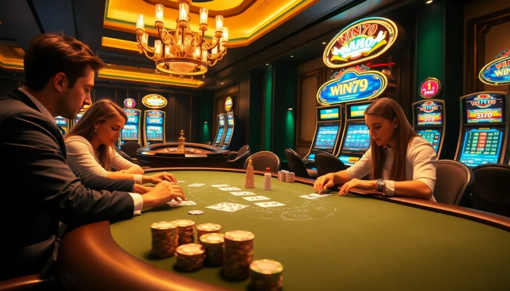 Players enjoying a thrilling poker game at Win79's luxurious casino.