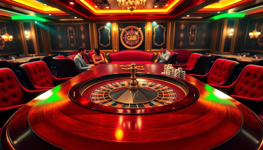 Experience the thrill of GG88 with a luxurious casino table and vibrant gaming atmosphere.