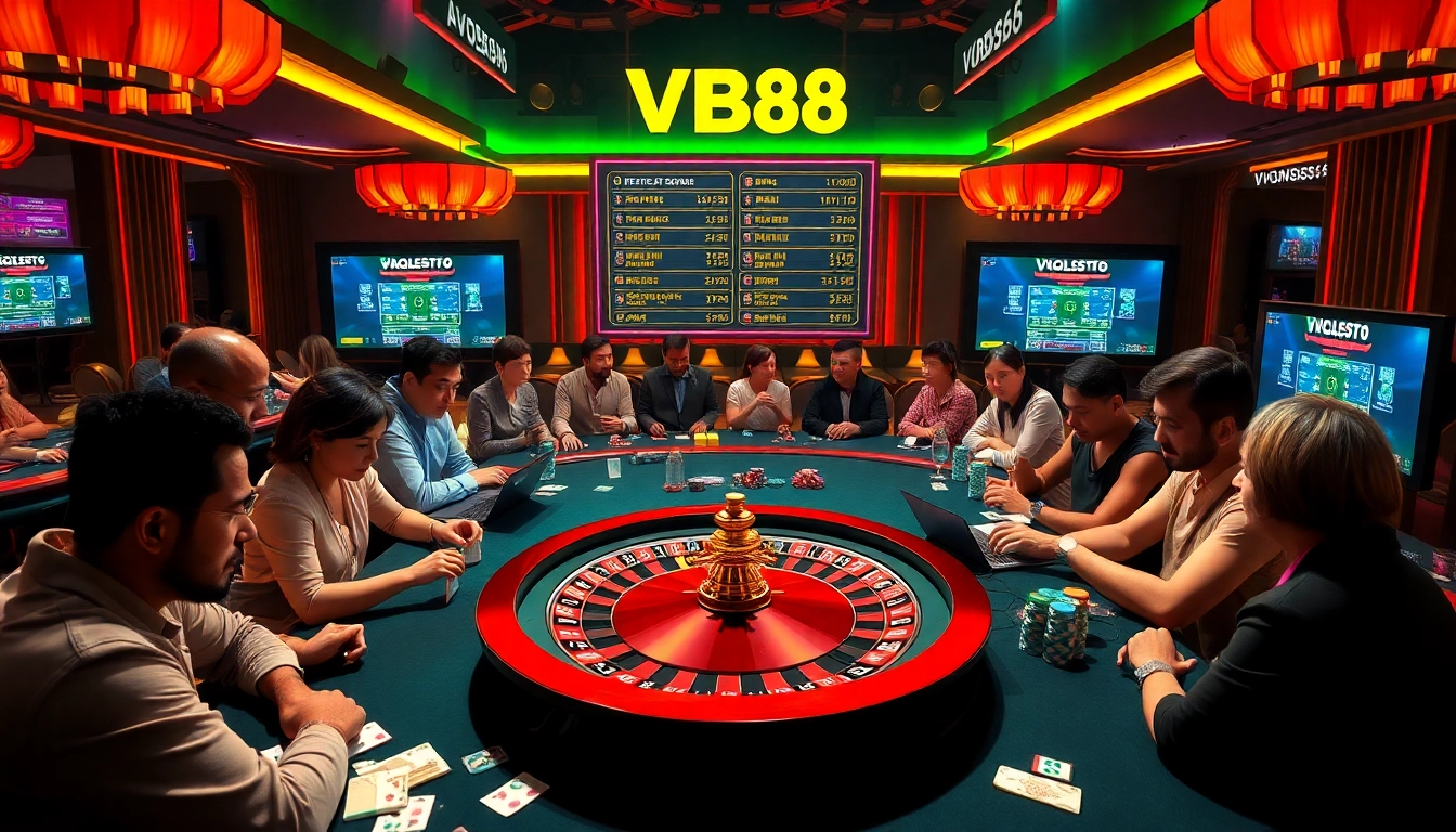 Players engaging and winning at the VB88 online casino, showcasing vibrant gameplay and luxurious atmosphere.