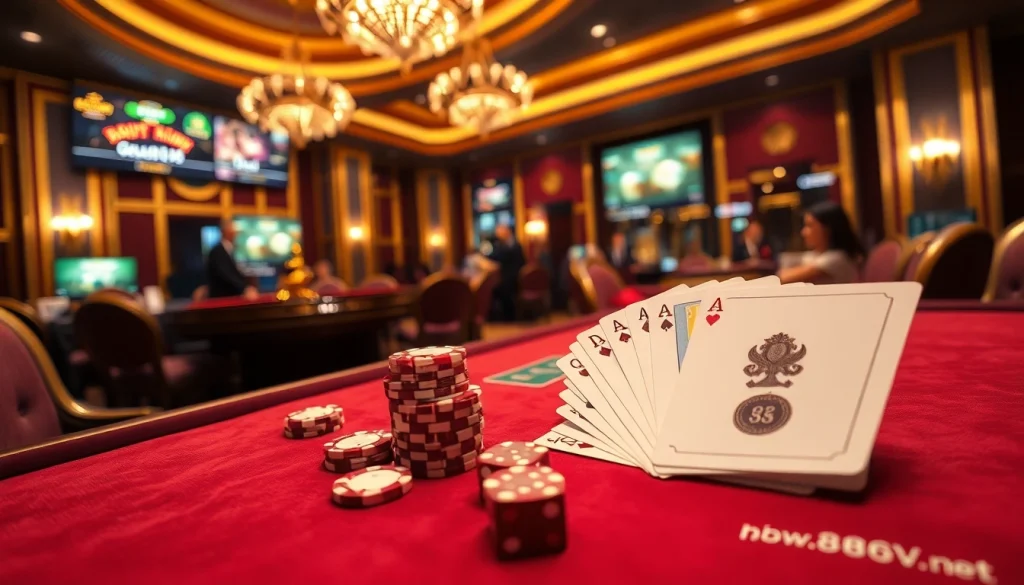 Experience thrilling action at https://good88v.net/ with a vibrant casino scene featuring poker and roulette games.