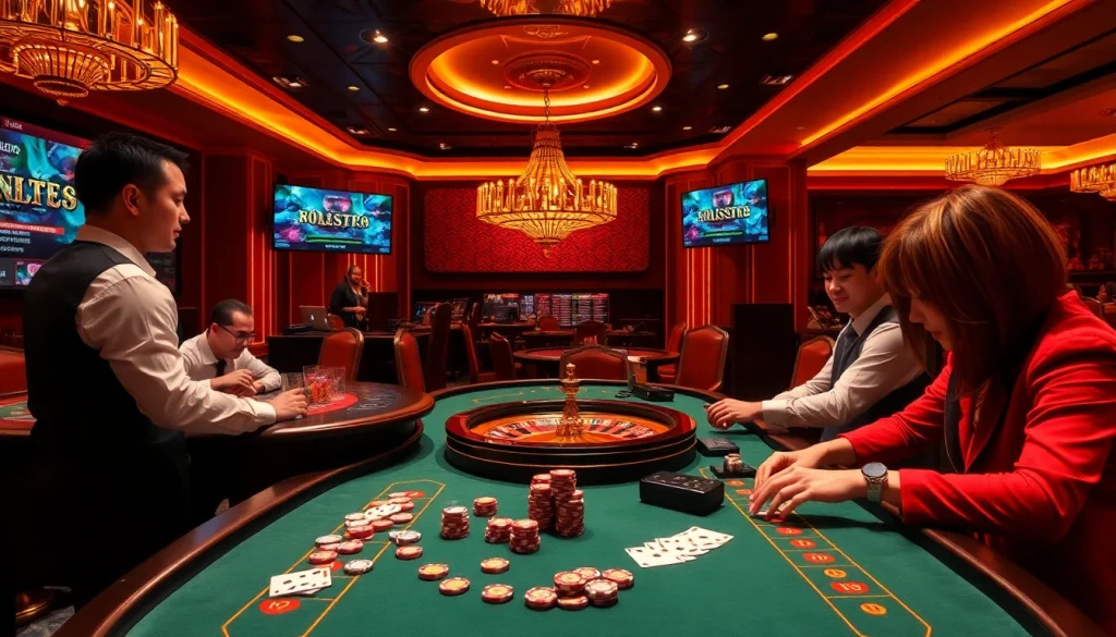 Experience high-stakes gaming at https://tk88t.org/ with poker chips, cards, and a lively dealer.