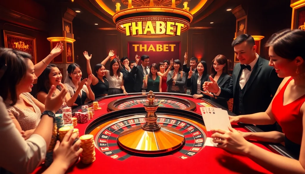 Players enjoying intense action at the THABET casino table with colorful chips and a roulette wheel.
