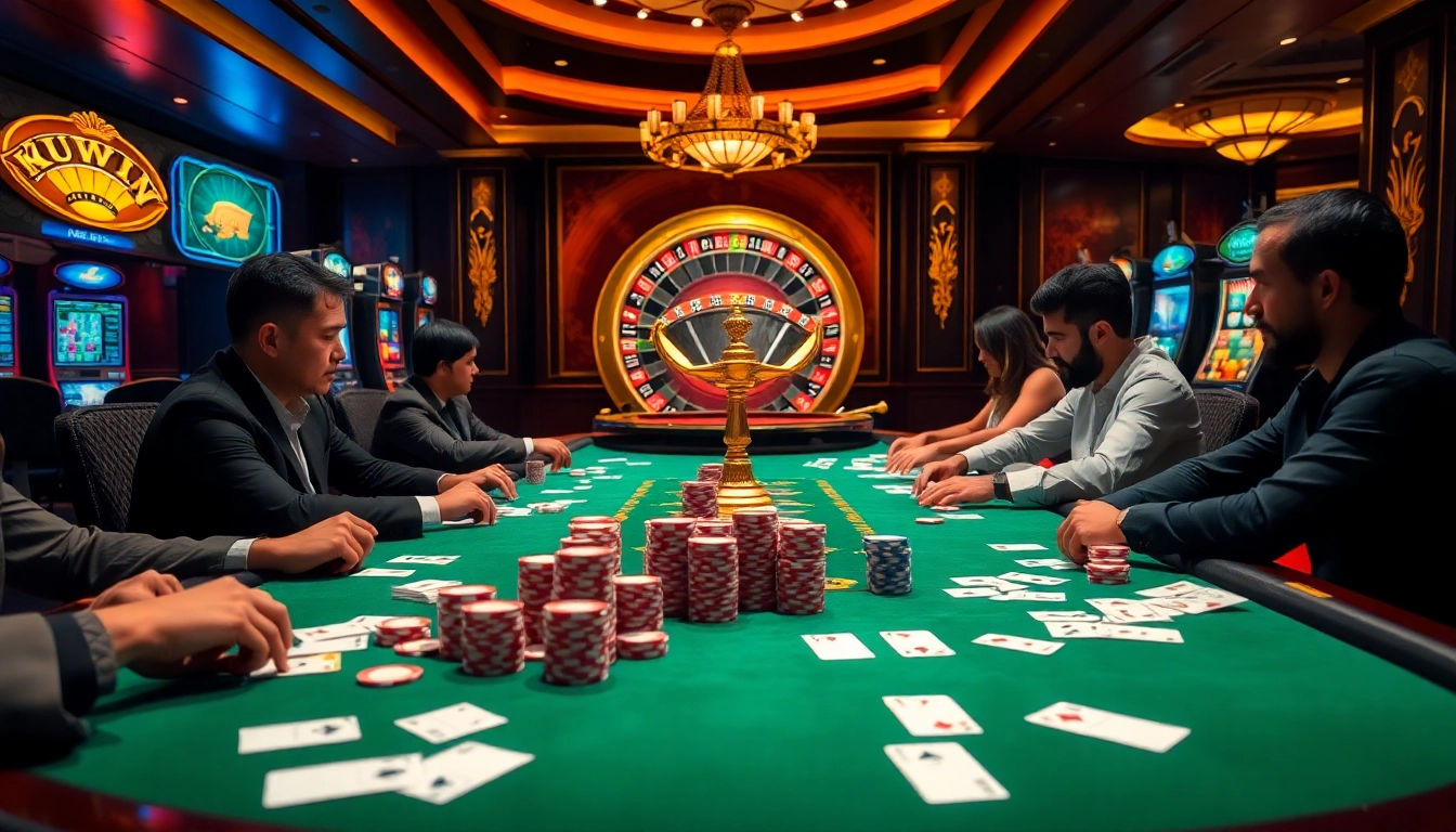 Kuwin players engaging in a high-stakes poker game at a luxurious casino.