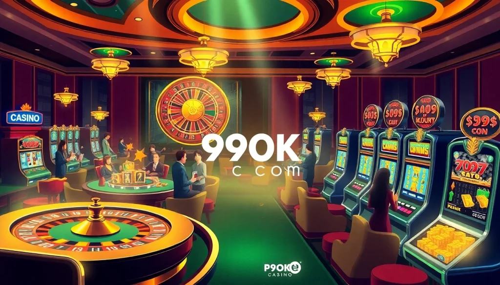 A dynamic casino gaming scene with 99OK COM branding featuring poker tables and slot machines.