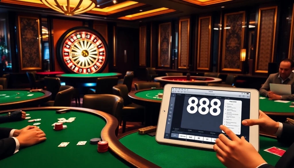 Excited players at a casino table showcasing nhà cái 888b gaming experience with cards and chips.