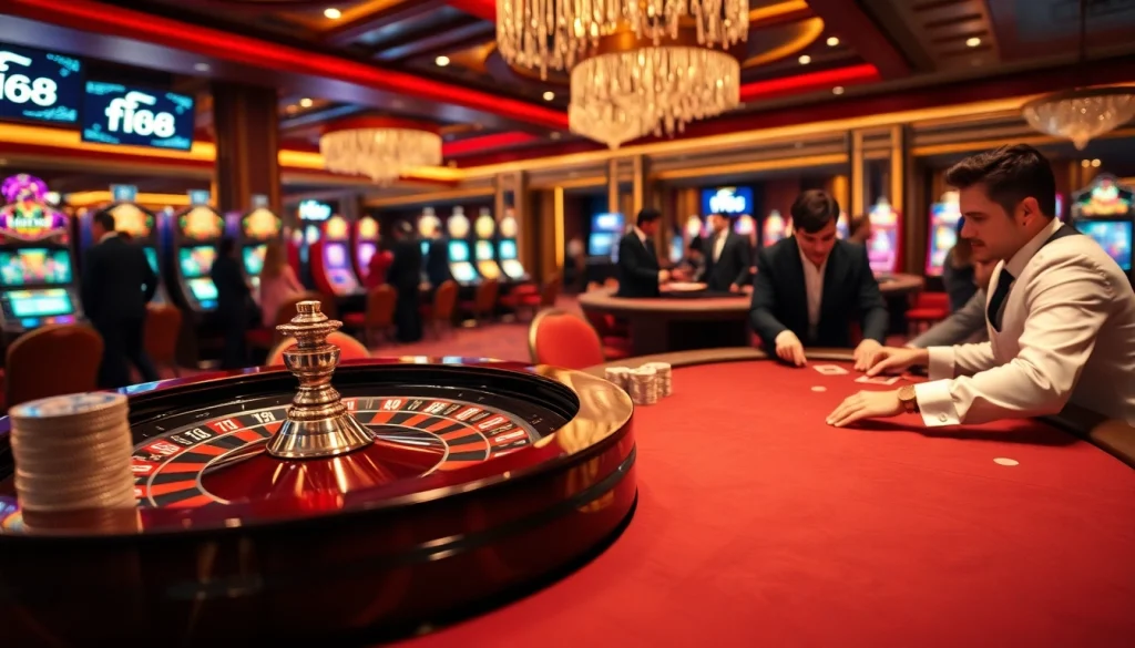 Players engaging with the f168 casino's roulette wheel, surrounded by vibrant gaming excitement.