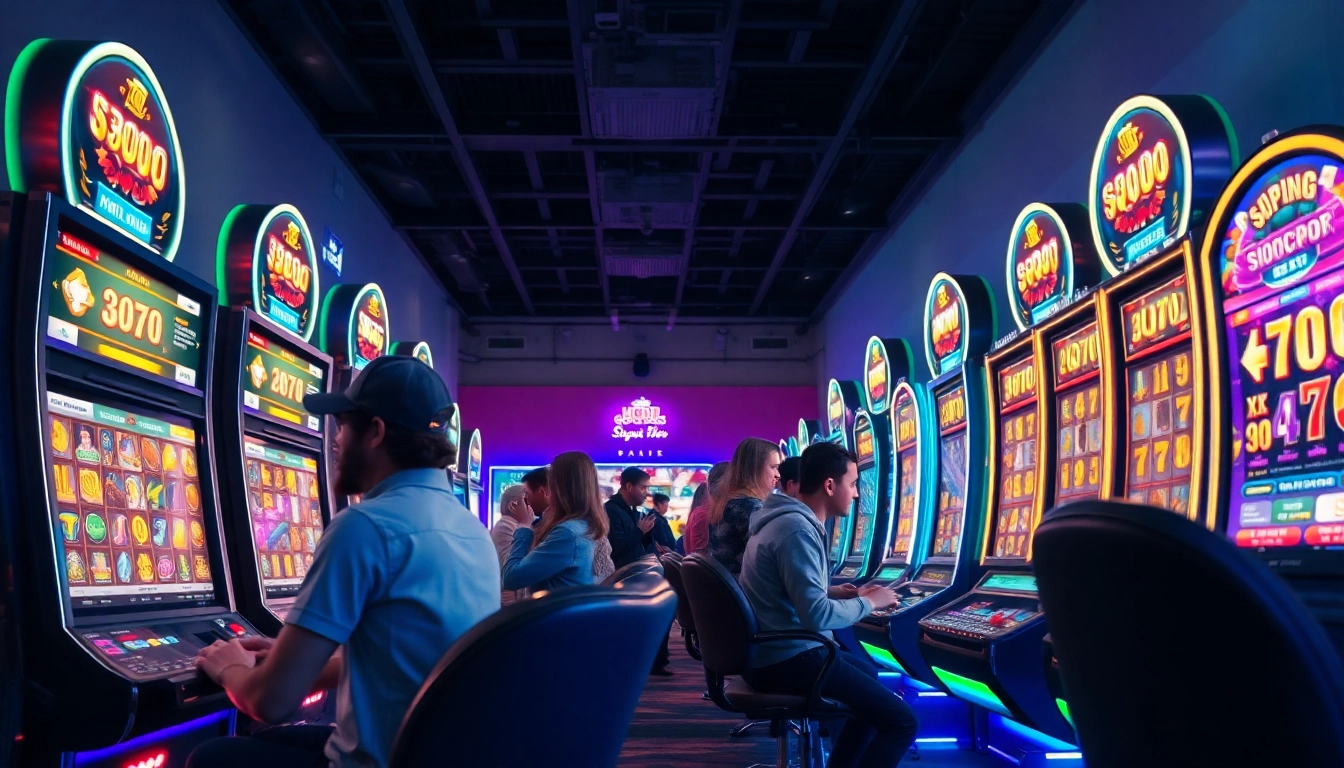 Excited players engaging with slot machines in a vibrant online gaming environment, showcasing the HOKI138 pro experience.