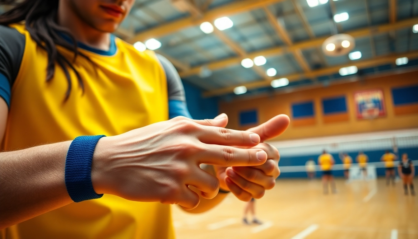 Volleyball thumb taping technique demonstrated by an athlete in action, highlighting support during play.