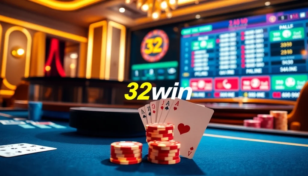 Gamble strategically at 32win with a vibrant casino table showcasing poker chips and a roulette wheel.