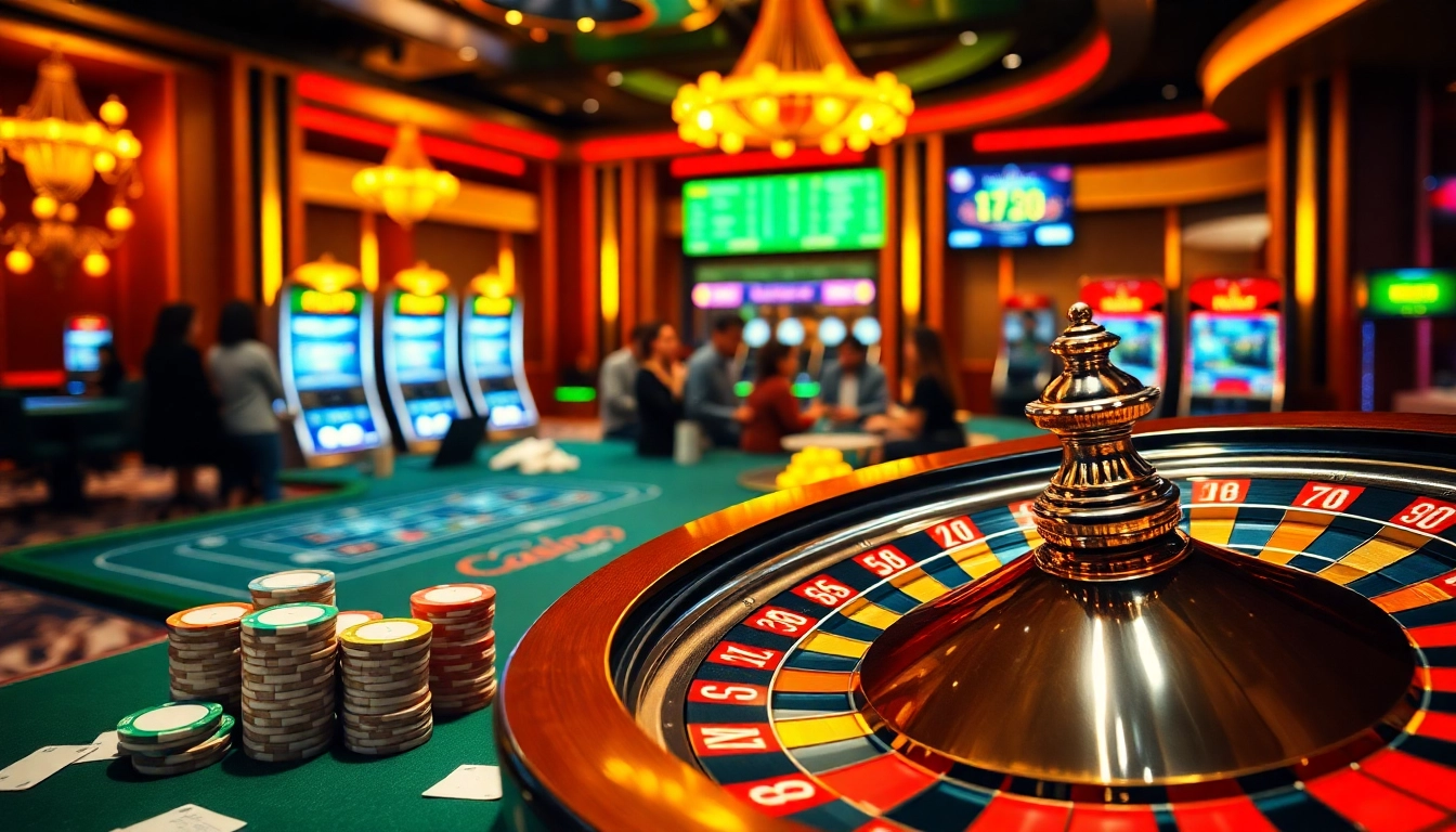 Exciting MM88 gambling scene featuring roulette, poker tables, and vibrant slot machines.