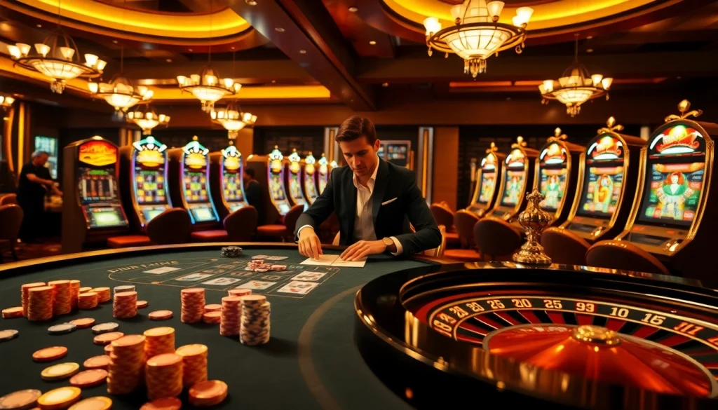 Place your bets with excitement at OK8386's vibrant casino scene showcasing poker, roulette, and slot machines.