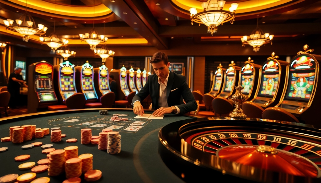 Place your bets with excitement at OK8386's vibrant casino scene showcasing poker, roulette, and slot machines.