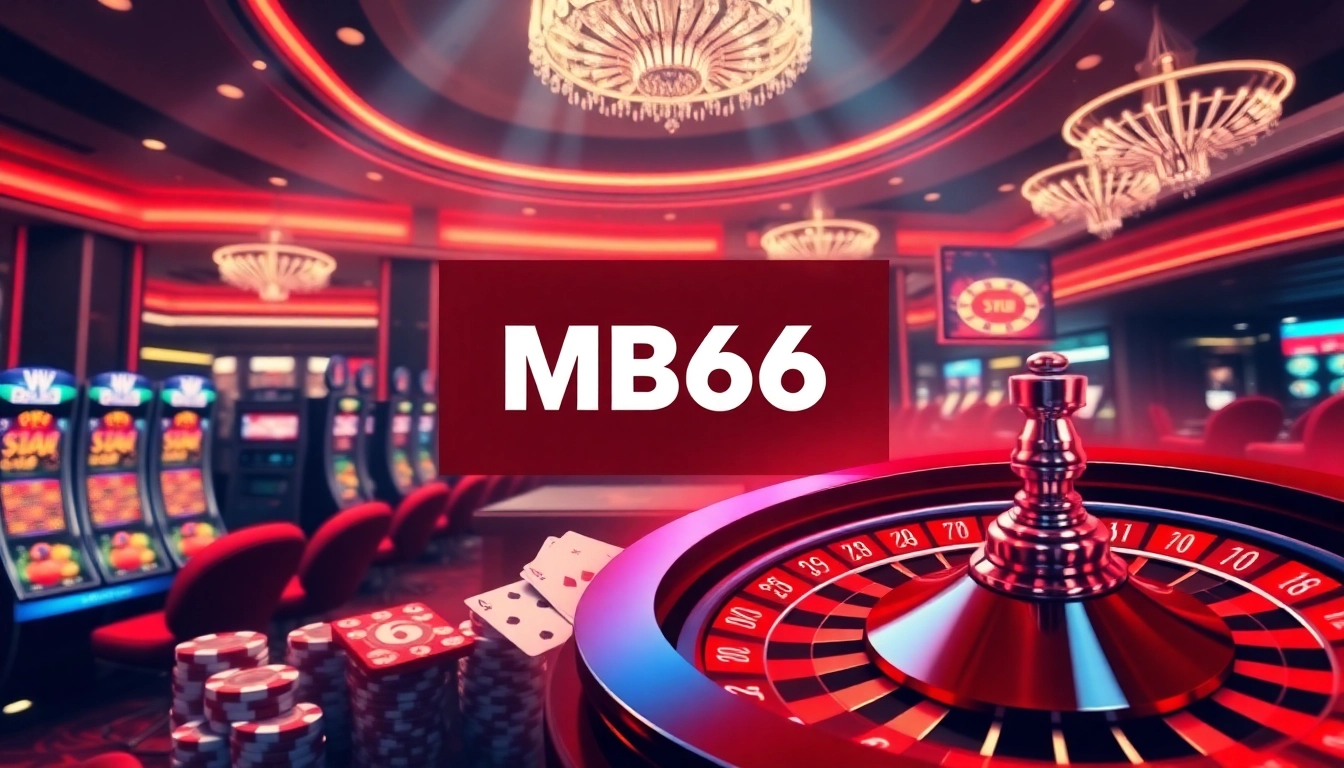 Experience the thrill of the MB66 online casino with vibrant gaming visuals featuring poker chips and slot machines.