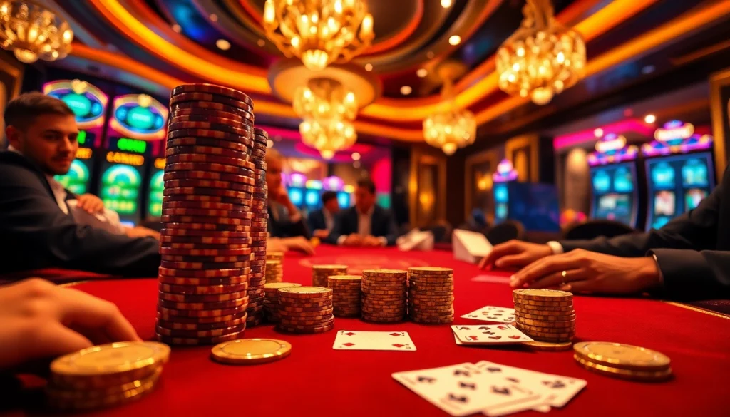 OKFUN poker players engaged in an intense high-stakes game, showcasing strategy and excitement.