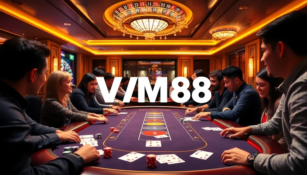 Players enjoying a high-stakes poker game at VM88 casino with vibrant ambiance.