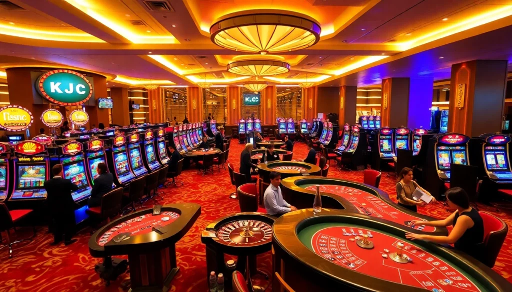 Exciting casino action featuring KJC players engaged at poker tables and roulette wheels.