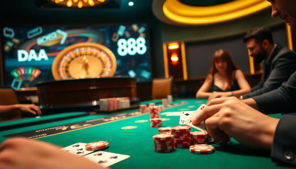 DA88 logo prominently displayed as players enjoy an exciting poker game at a luxurious casino table.