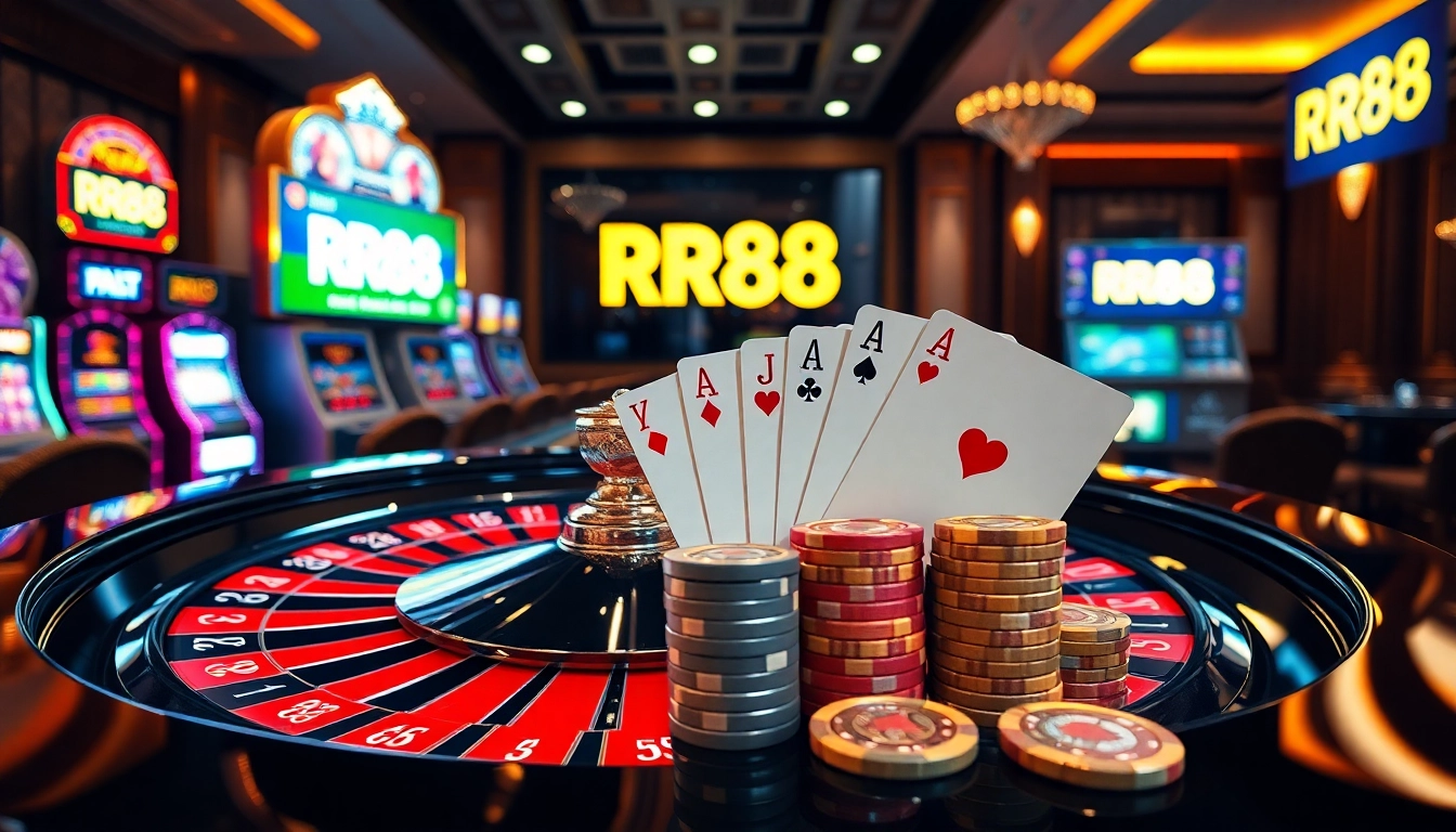 Engage with winning moments at RR88's luxurious casino featuring roulette, poker, and vibrant slot machines.