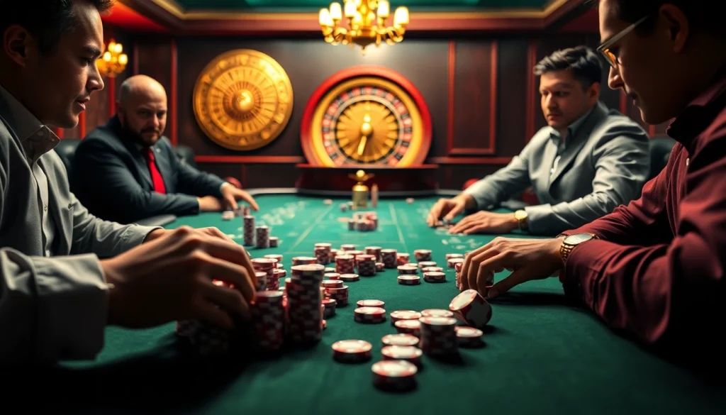 Players enjoying a high-stakes game at the MM88 casino table, showcasing vibrant poker chips and dice.