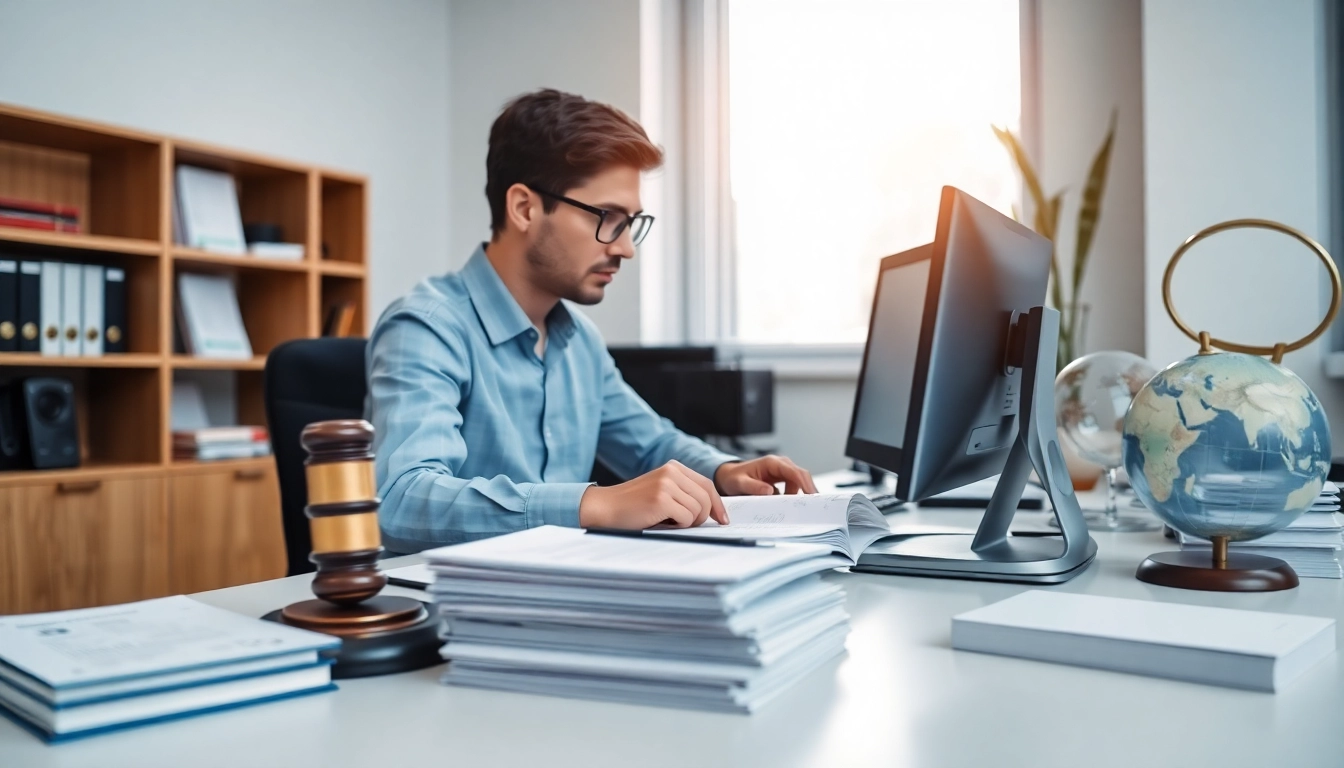 Sworn translation service in a modern office with a translator and legal documents.