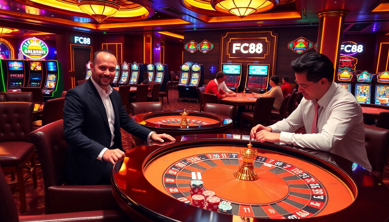 Engaging players at FC88's vibrant casino, showcasing poker tables and slot machines.