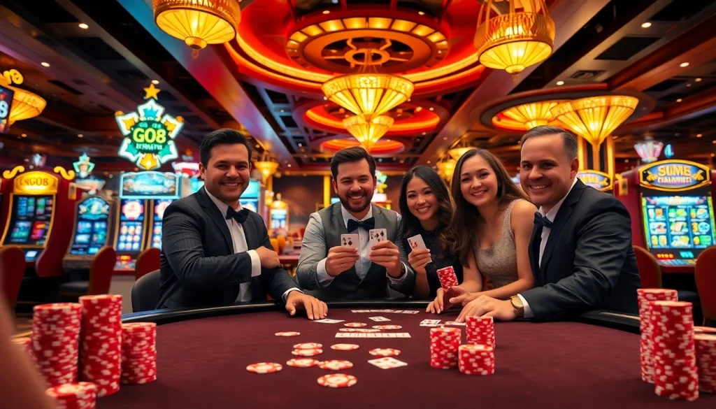 GO8 themed casino scene with players engaged in poker, vibrant chips, and lively atmosphere.