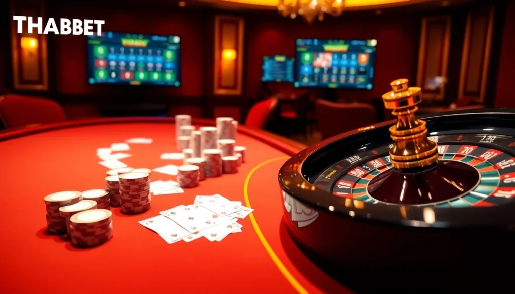 Engaging gameplay at THABET featuring poker chips and a roulette wheel.