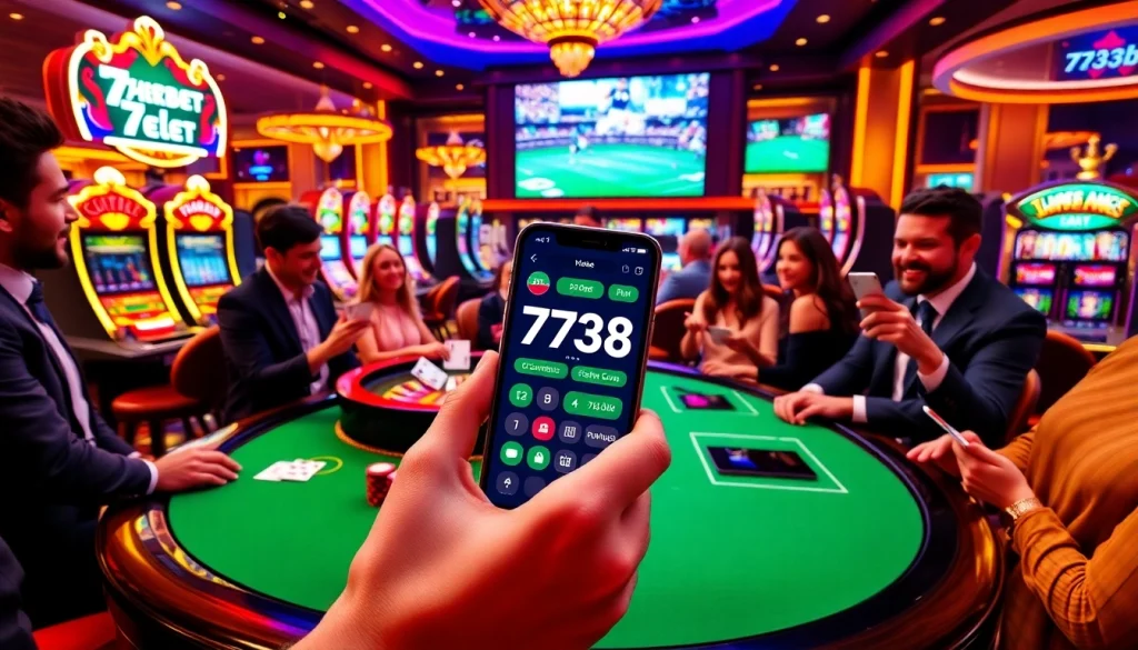 Players enjoying the thrill of the 733bet App at a luxurious casino scene with vibrant gaming elements.