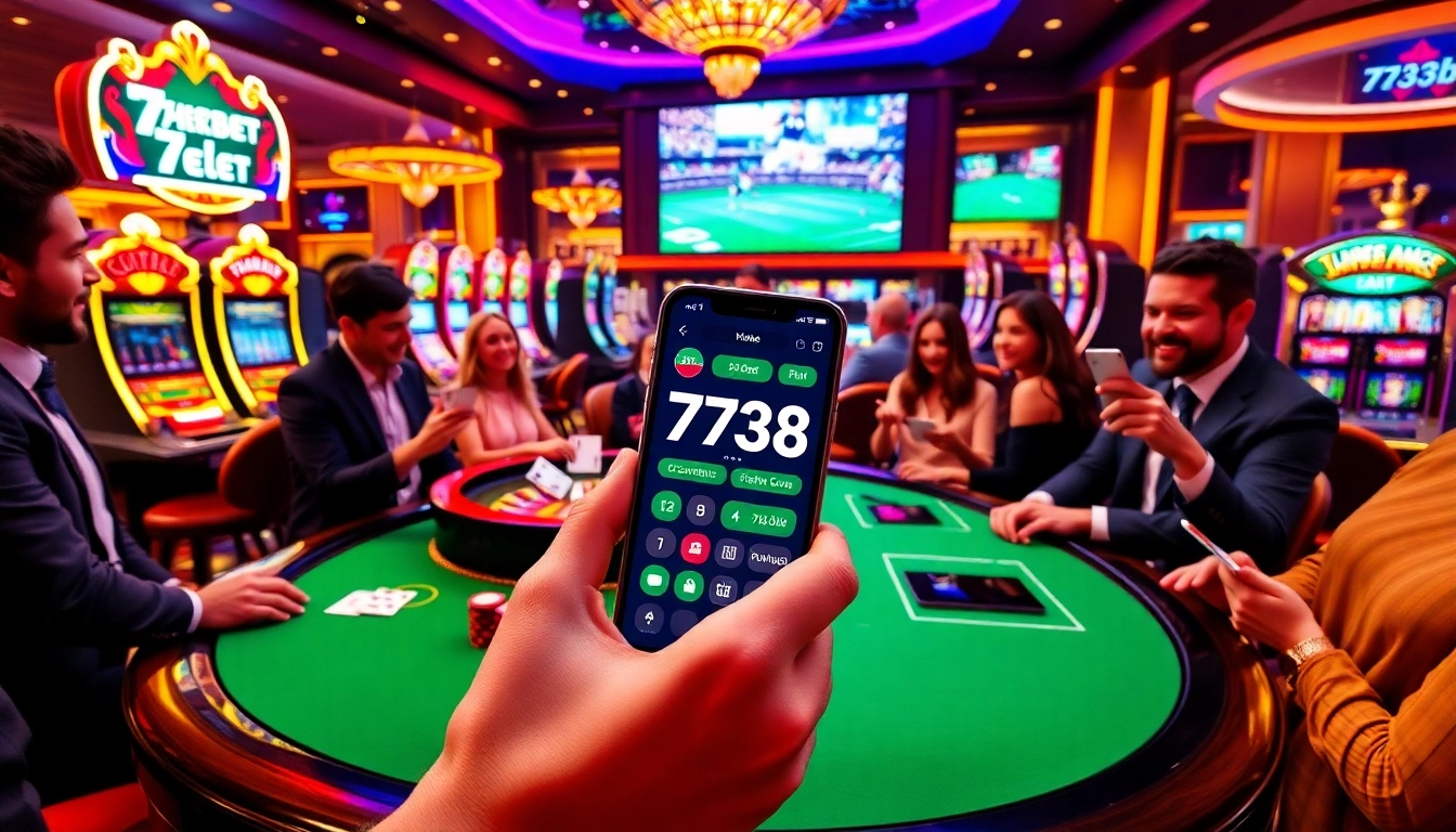 Players enjoying the thrill of the 733bet App at a luxurious casino scene with vibrant gaming elements.