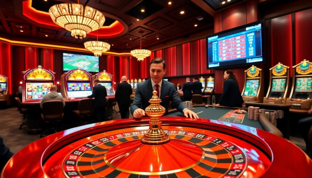 Players enjoying kkwin's online gambling experience at a luxurious casino table with roulette wheel.