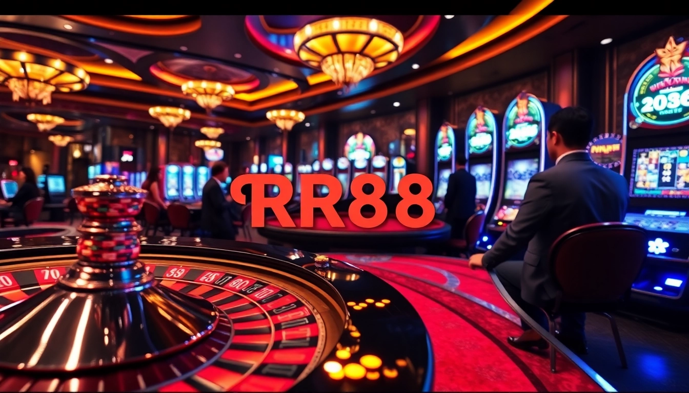 Engaging casino scene with RR88 branding, featuring tables, chips, and a vibrant atmosphere.