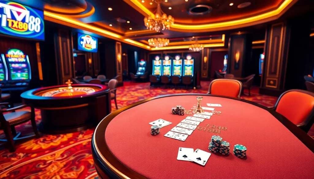 Experience the excitement of TX88 at a luxurious casino with vibrant gaming tables and captivating centerpiece.