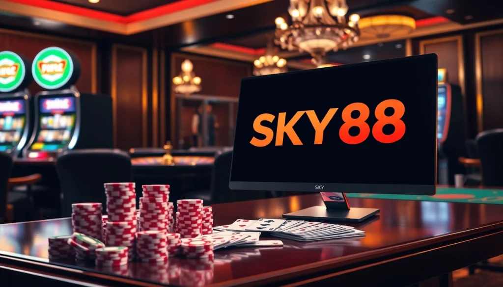 Players engage in thrilling games at SKY88's online casino, showcasing poker chips and a roulette wheel.