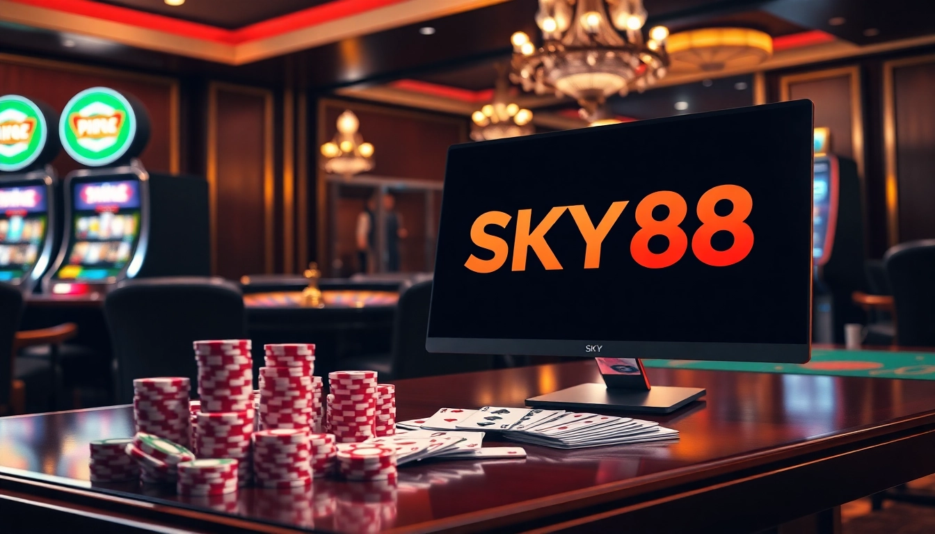 Players engage in thrilling games at SKY88's online casino, showcasing poker chips and a roulette wheel.