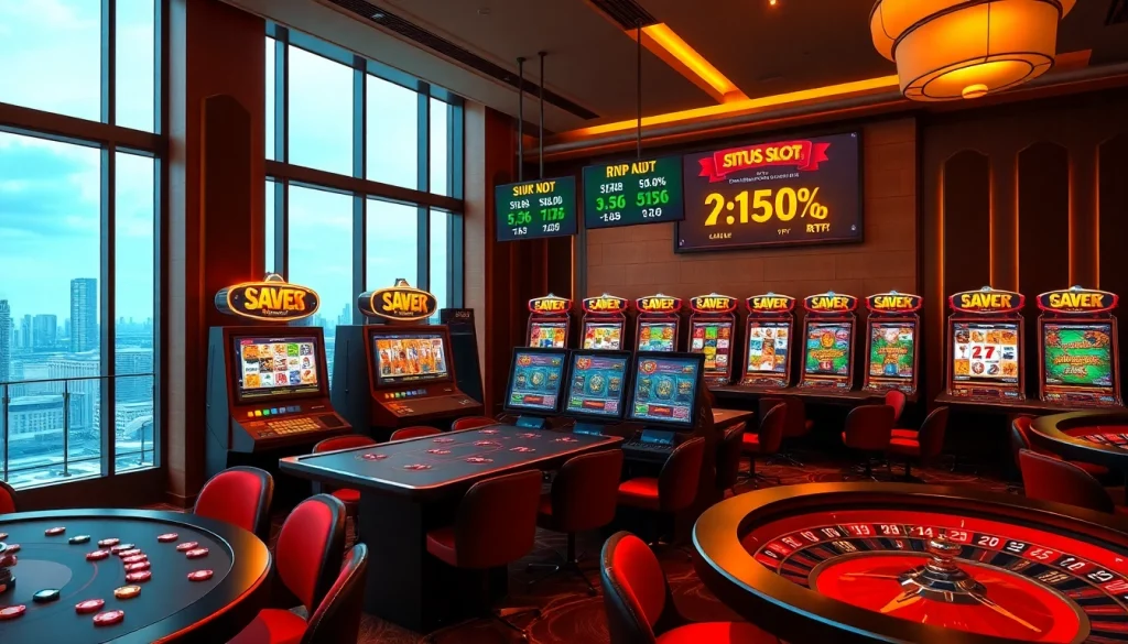 Slot machines labeled "Situs Slot Gacor" in a luxurious casino setting with vibrant atmosphere.