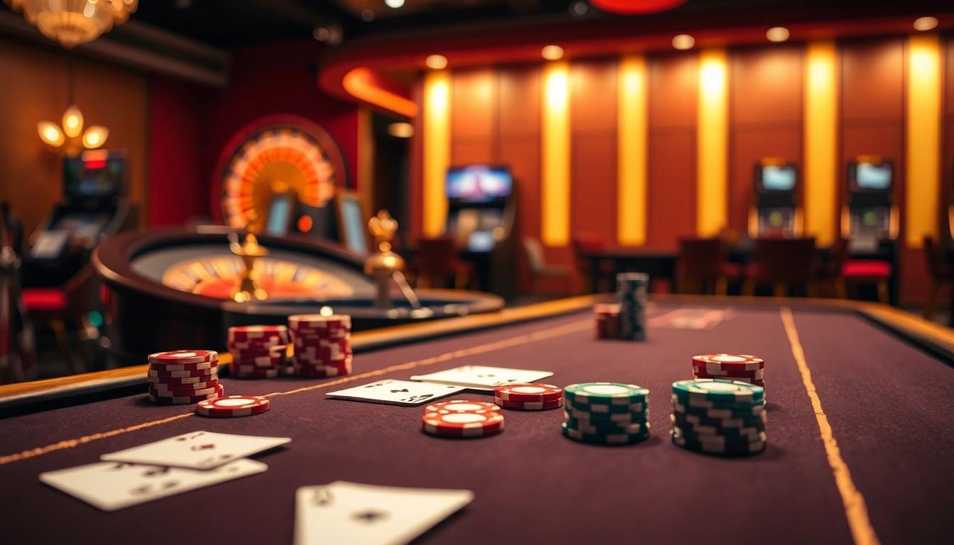 S8 gaming table with vibrant poker chips and playing cards, embodying excitement in a casino atmosphere.