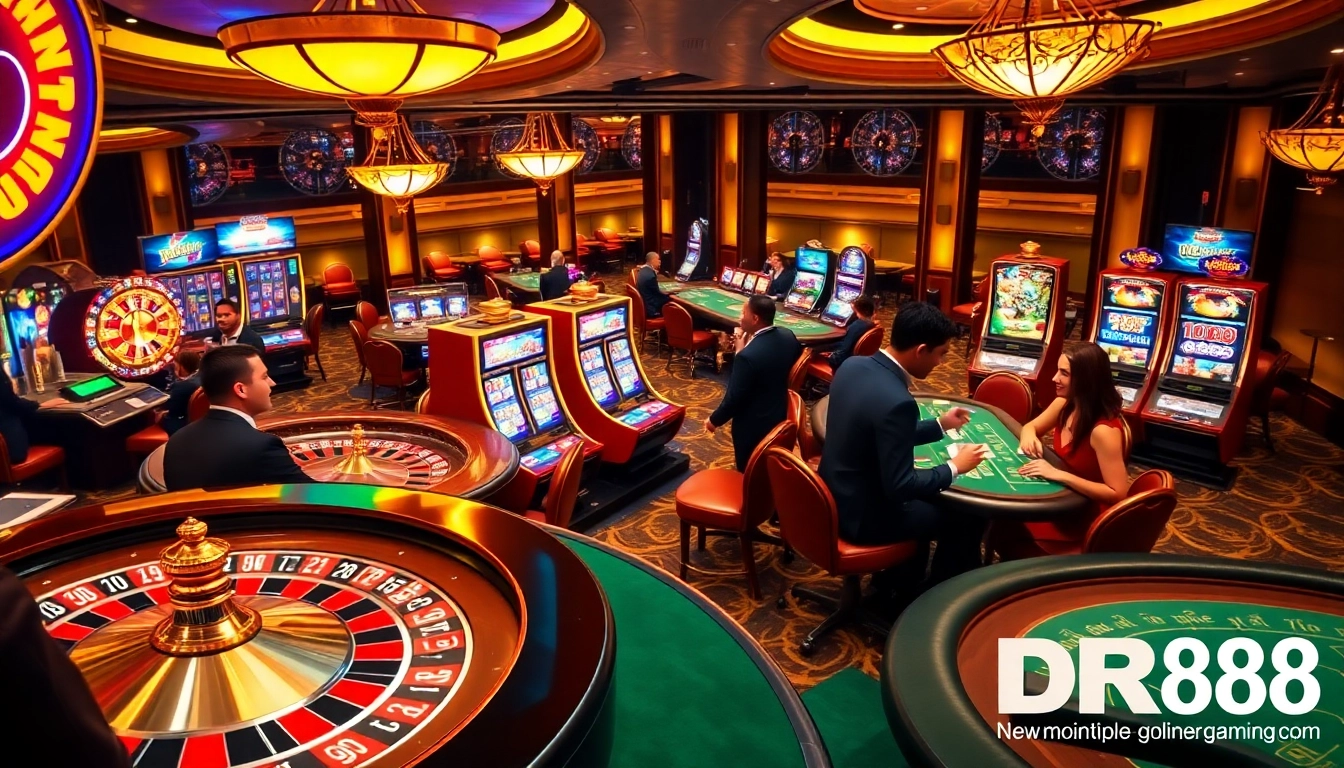 Players winning big at DR88 casino, surrounded by vibrant slot machines and roulette tables.