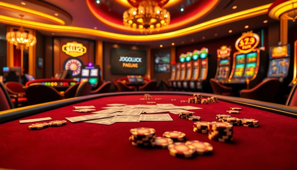 Experience the excitement at JOGOLUCK with a luxurious poker table and vibrant casino atmosphere.