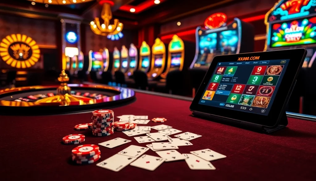 Exciting gambling scene featuring poker chips and roulette wheel at XX88 COM casino.