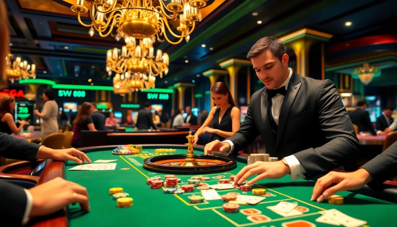 SV88 gaming table with vibrant poker chips and delighted players in a luxurious casino setting.