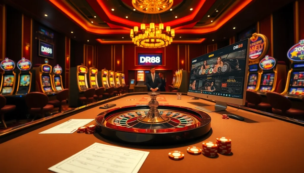 Experience excitement at DR88 with vibrant casino elements including roulette and slot machines.