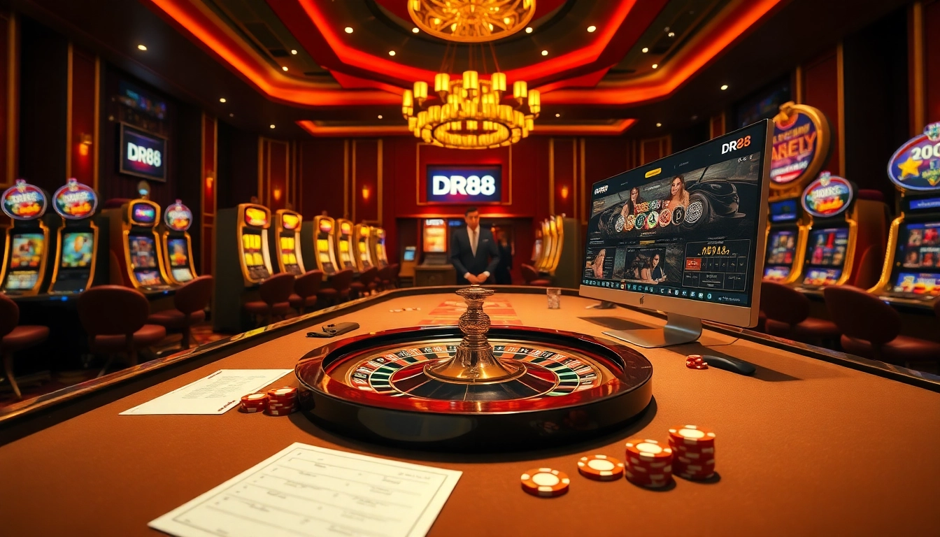 Experience excitement at DR88 with vibrant casino elements including roulette and slot machines.