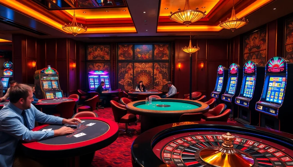 S8 casino gaming scene with poker tables, roulette wheels, and vibrant slot machines.