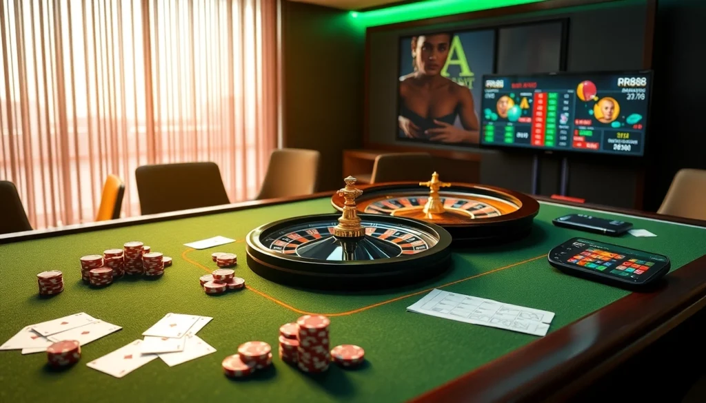 rr88 online casino interface showcasing luxury gaming experience with poker chips and roulette.