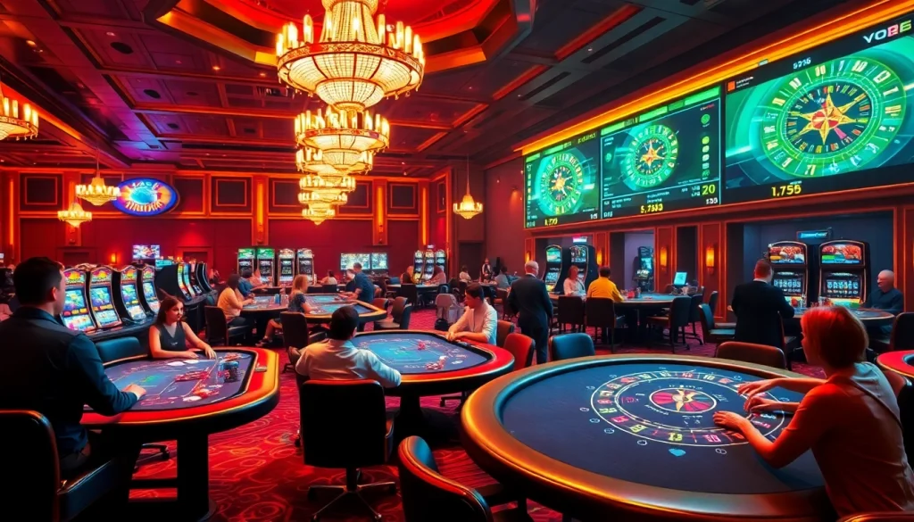 Experience the elegance of Vipwin's casino with players enjoying poker, roulette, and slots.
