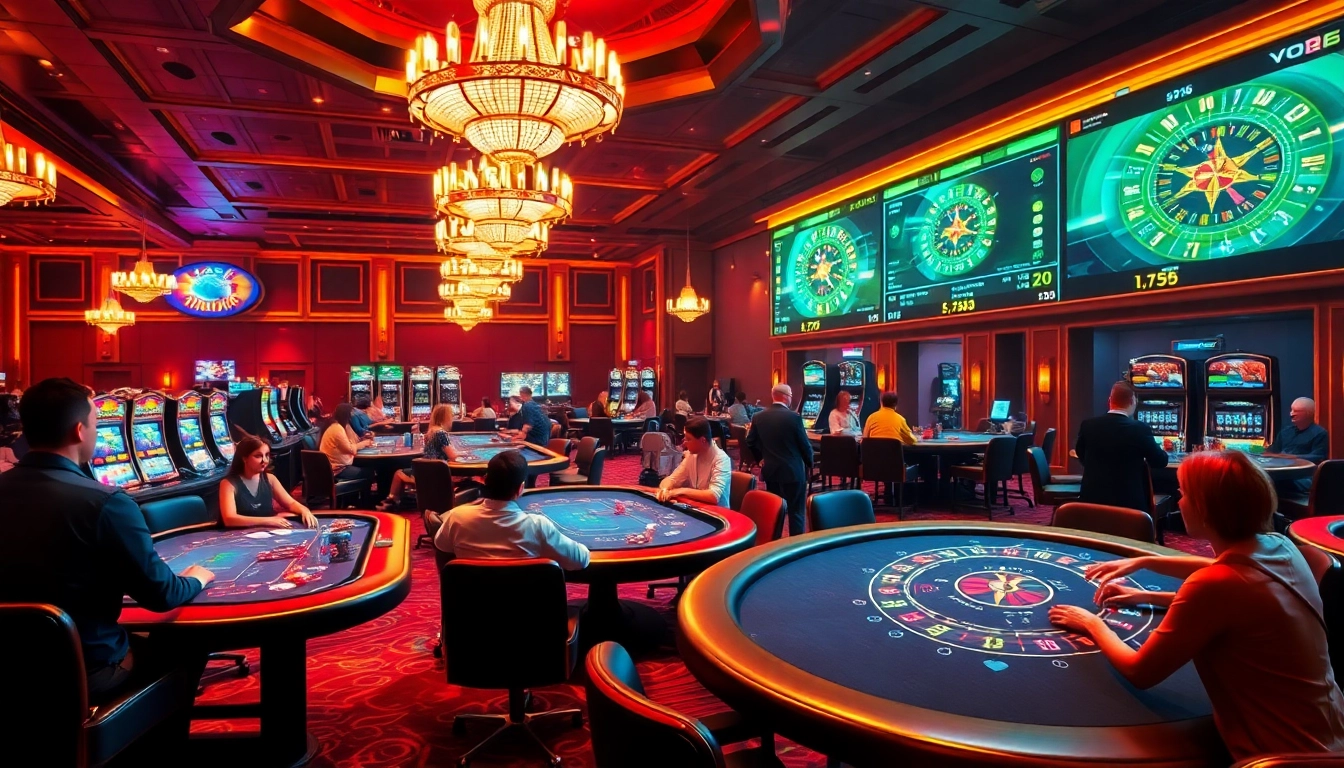 Experience the elegance of Vipwin's casino with players enjoying poker, roulette, and slots.