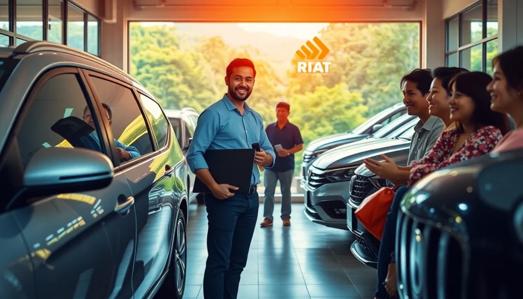 Kuching rent a car service showcasing a friendly staff assisting diverse customers with modern vehicles in a welcoming office.