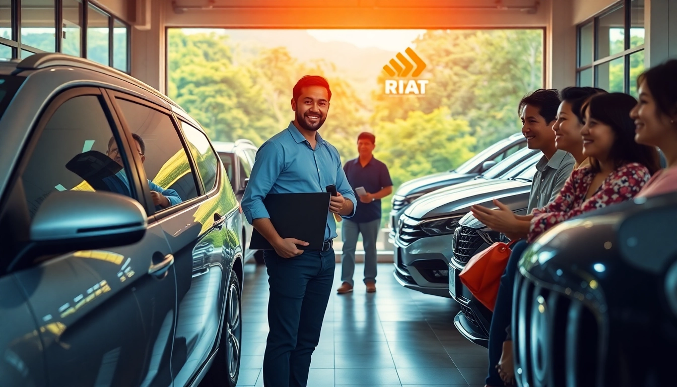 Kuching rent a car service showcasing a friendly staff assisting diverse customers with modern vehicles in a welcoming office.
